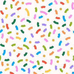 Seamless pattern with vibrant, colorful confetti graphics scattered across the design. Fun repeat vector illustration