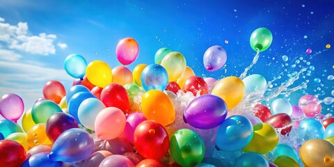 A splash of colorful balloons against a vibrant blue sky, symbolizing joy, celebration, and a carefree summer spirit.