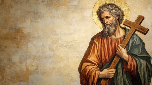 St. Andrew's Day Religious painting of saint joseph with cross - spiritual and historical art study