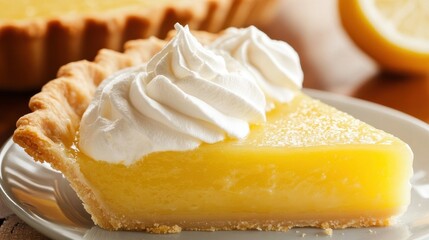 National Lemon Cream Pie Day Delicious lemon tart slice with whipped cream on plate for dessert inspiration