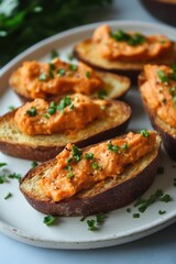 Delicious sweet potato bruschetta garnished with fresh herbs for a perfect appetizer