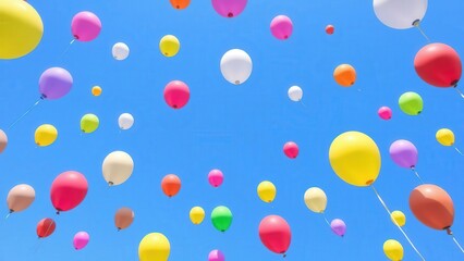 Vibrant Sky Celebration: Colorful Balloons Ascending in Clear Blue Sky, Perfect for Festive Greetings and Celebrations