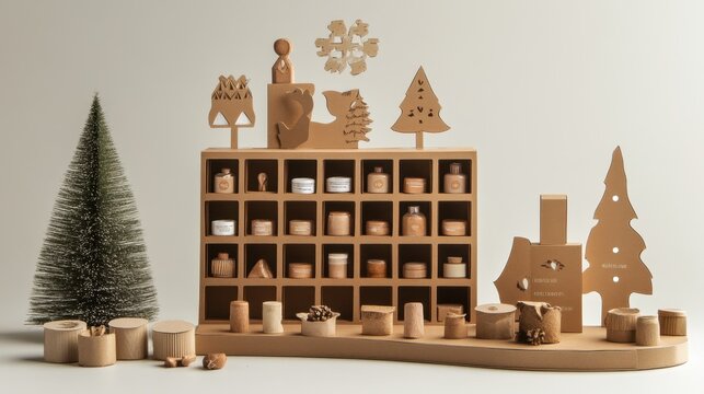 Eco-friendly advent calendar with wooden decorations and organic skincare products for christmas