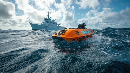 An autonomous underwater vehicle navigates ocean depths while sending collected data back to the research vessel in the distance.