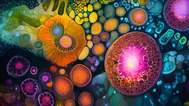 Stem cells under microscope, colorful, radiant glow, high detail, intricate cellular forms