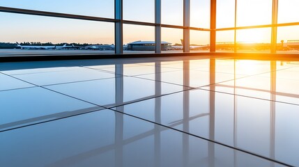 Fototapeta premium 3D airport interior with reflective flooring, large windows, and natural light effects