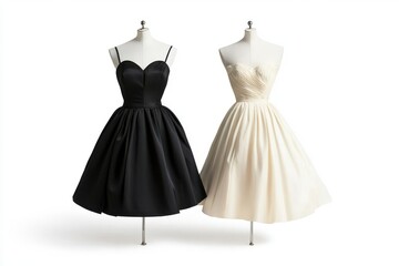 Obraz premium Black and white cocktail dresses displayed on mannequins against a white background, perfect for elegant fashion mockups, evening wear templates, and branding projects