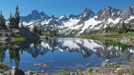 Serene Mountain Lake Reflecting Majestic Peaks Under Clear Blue Sky
