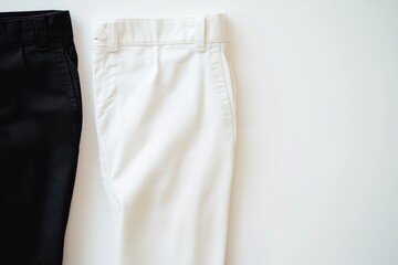 Black and white chinos arranged side by side on a white background, ideal for apparel mockups, casual fashion designs, and e-commerce product branding