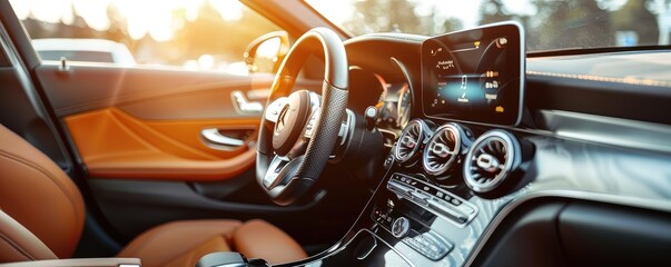 Modern car interior with elegant dashboard display setup.