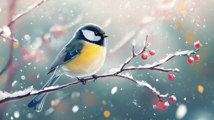 A charming bird sits on a frosty branch, surrounded by delicate snowflakes and vibrant red berries, encapsulating the serene beauty of a winter day filled with soft light.