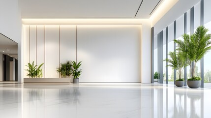 Fototapeta premium Open-concept office in 3D with reflective surfaces, high ceilings, and clean modern elements