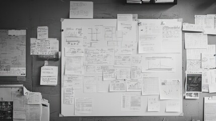 A cluttered board filled with various papers and notes, likely for brainstorming or project planning.