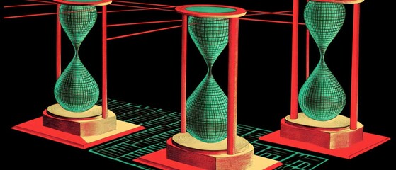 Fototapeta premium Abstract representation of hourglasses with a digital backdrop, symbolizing time and technology.