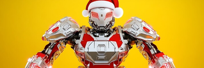 Robot Santa in Silver and Red with LED Lights on Bright Yellow Background