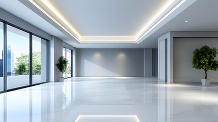 Fototapeta premium Corporate space in 3D rendering, bright open area with polished floor and clean lines