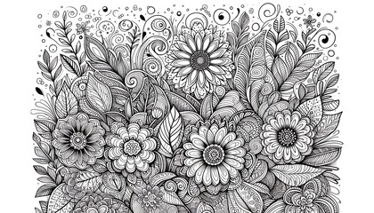 Intricate Black and White Floral Mandala Illustration with Leaves. generator AI
