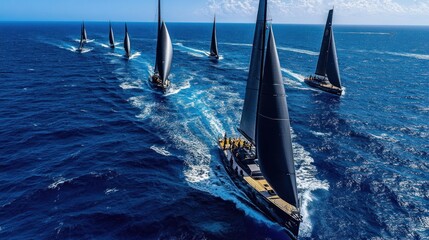 A fleet of sleek yachts competes in an exciting regatta, showcasing their impressive sails while navigating the sparkling blue waters.