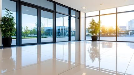 Fototapeta premium Futuristic business hall with clean lines, reflective surfaces, and a bright open design