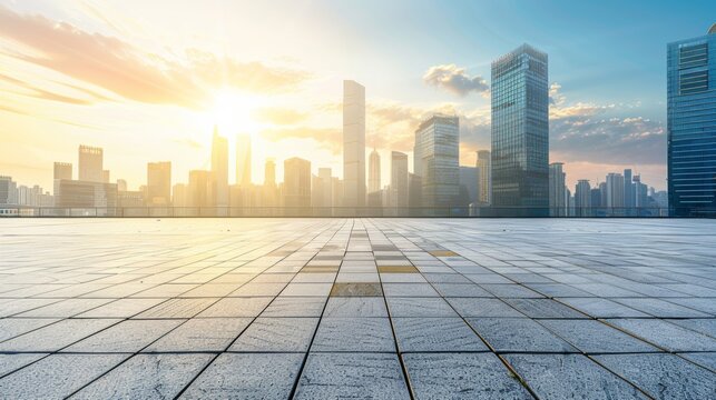 Empty square floor with city skyline background, Cityscape with a touch of nostalgia, vintage-inspired urban charm evoking memories of yesteryears
