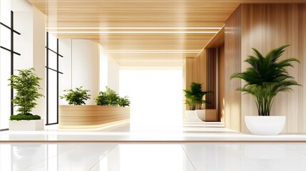 Fototapeta premium Minimalist corporate interior, 3D rendering with open spaces and modern detailing