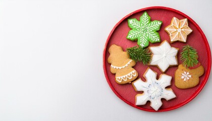 Fototapeta premium Festive Gingerbread Delights: A red plate brimming with beautifully decorated gingerbread cookies, featuring intricate snowflake, star, and gingerbread man designs.