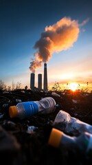 Factory smokestacks emit pollution at sunset with litter scattered on the ground at an industrial site