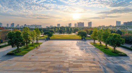 Fototapeta premium Empty square floor with city skyline background, Cityscape in abstract perspective, urban scene transformed into geometric art