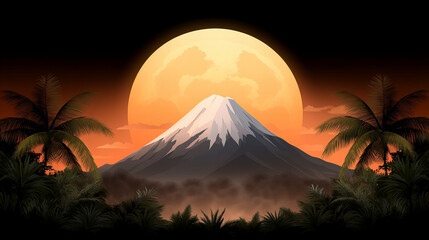 Majestic mountain silhouetted against bright moon, surrounded by lush greenery and palm trees, creating serene and tranquil atmosphere
