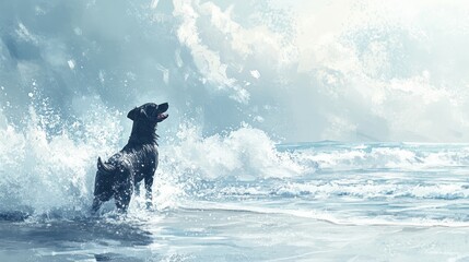 Fototapeta premium Black dog playing in ocean waves, splashing water, enjoying sunny day at beach, joyful moment captured in nature, freedom and happiness in coastal environment