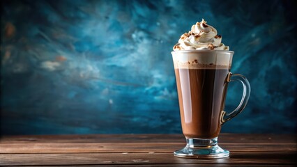 A glass of rich chocolate drink topped with whipped cream and caramel on a wooden surface against a blue and white background.