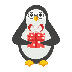 Cute penguin holding a gift box. Animal character gives a present.