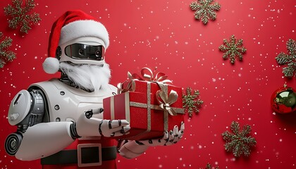 Santa Robot Delivering Gifts on Red Background with Winter Decorations