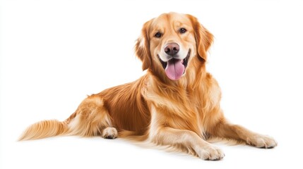 Obraz premium Fluffy Golden Retriever Sitting Attentively with a Playful Expression on a White Background Suitable for Pet-Themed Projects or Websites