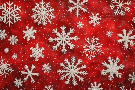 Festive red background with white snowflake pattern, creating a cheerful holiday atmosphere.