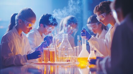 A scene of students conducting experiments with different elements, learning about their unique characteristics and uses