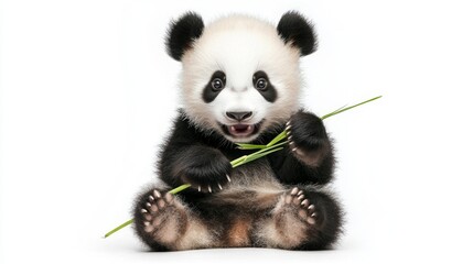 Naklejka premium Playful Baby Panda Sitting with Bamboo in a Full Body Shot Captured Against a Clean White Background, Perfect for Wildlife and Nature Enthusiasts