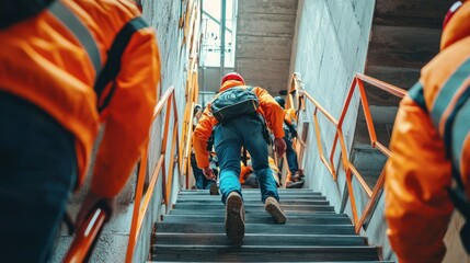 A scene of people using emergency exits during a drill, practicing safety protocols in case of a real-life emergency