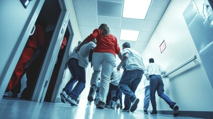 A scene of people using emergency exits during a drill, practicing safety protocols in case of a real-life emergency