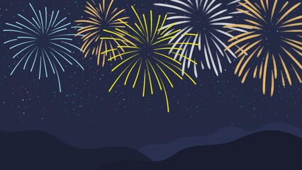 New Year's fireworks vector depicts a series of brightly colored explosions radiating in the night sky. Fireworks vector illustration in various graphic applications, such as posters	