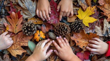 Children's hands exploring various autumn elements like pinecones, colorful leaves, small pumpkins, focus is on sensory play, encouraging children engage with textures, colors nature.