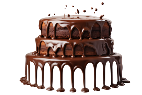 Rich, glossy chocolate ganache cascading down from the top of a freshly baked cake, creating a delicious and visually appealing flow. Isolated on white background
