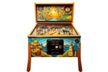 Retro pinball machine with colorful design, isolated on white background