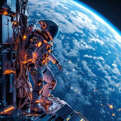 A 3D-rendered illustration featuring an astronaut inside a space station, overlooking earth,generative ai