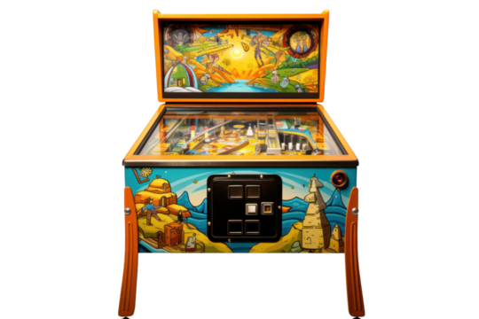 Retro pinball machine with colorful design, isolated on white background