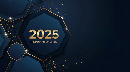 A luxurious New Year design featuring a glowing golden hexagon with "2025 Happy New Year" text, set against a deep blue background with sparkling gold particles and geometric accents. generative ai