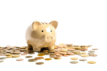 Piggy bank with coins scattered around isolated on white background