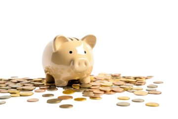 Piggy bank with coins scattered around isolated on white background