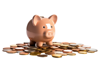 Piggy bank with coins scattered around isolated on white background
