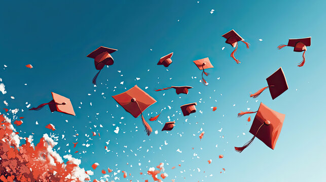 Graduation Caps Soaring in a Blue Sky with Confetti